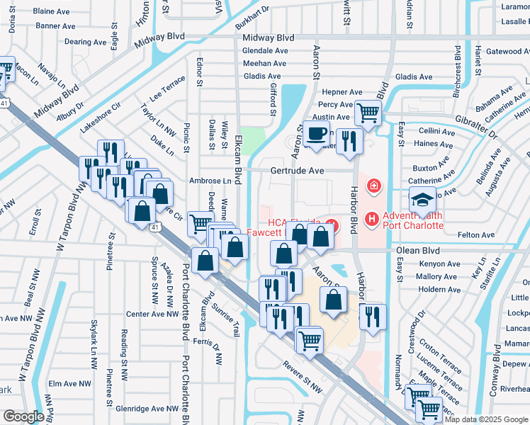map of restaurants, bars, coffee shops, grocery stores, and more near 2487 Caring Way in Port Charlotte