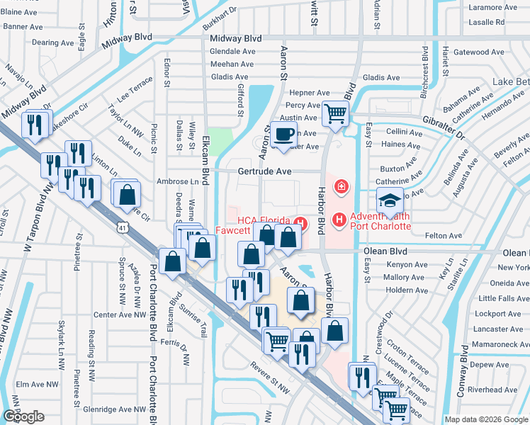 map of restaurants, bars, coffee shops, grocery stores, and more near 21260 Brinson Avenue in Port Charlotte