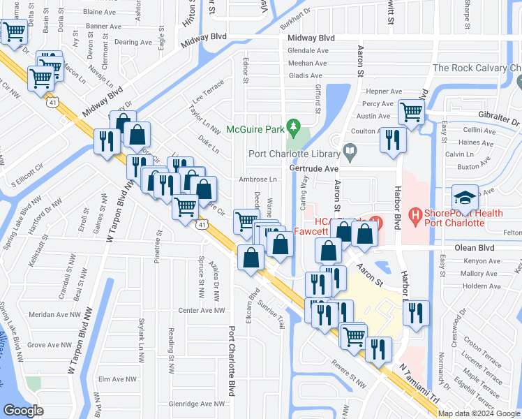 map of restaurants, bars, coffee shops, grocery stores, and more near 2480 Deedra Street in Port Charlotte