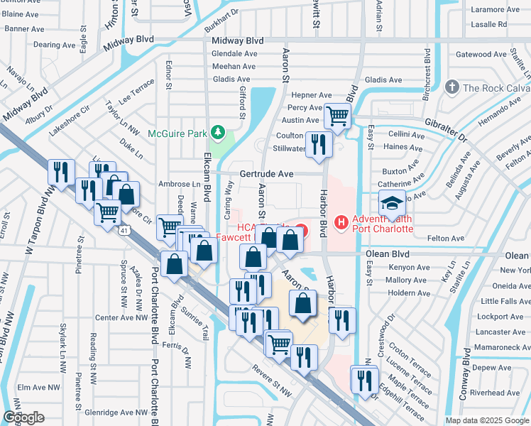 map of restaurants, bars, coffee shops, grocery stores, and more near 2305 Aaron Street in Port Charlotte