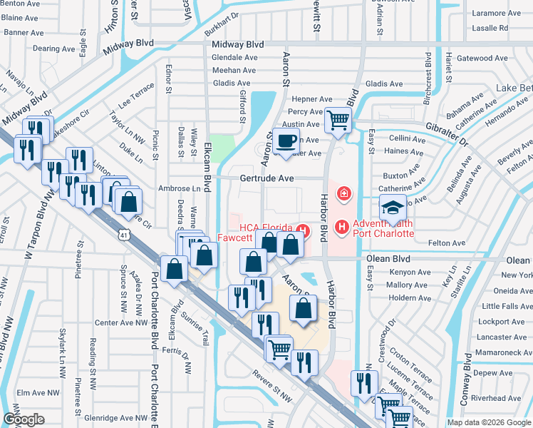 map of restaurants, bars, coffee shops, grocery stores, and more near 2300 Aaron Street in Port Charlotte