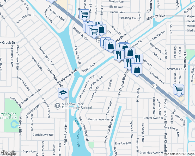 map of restaurants, bars, coffee shops, grocery stores, and more near 724 Hartford Drive Northwest in Port Charlotte