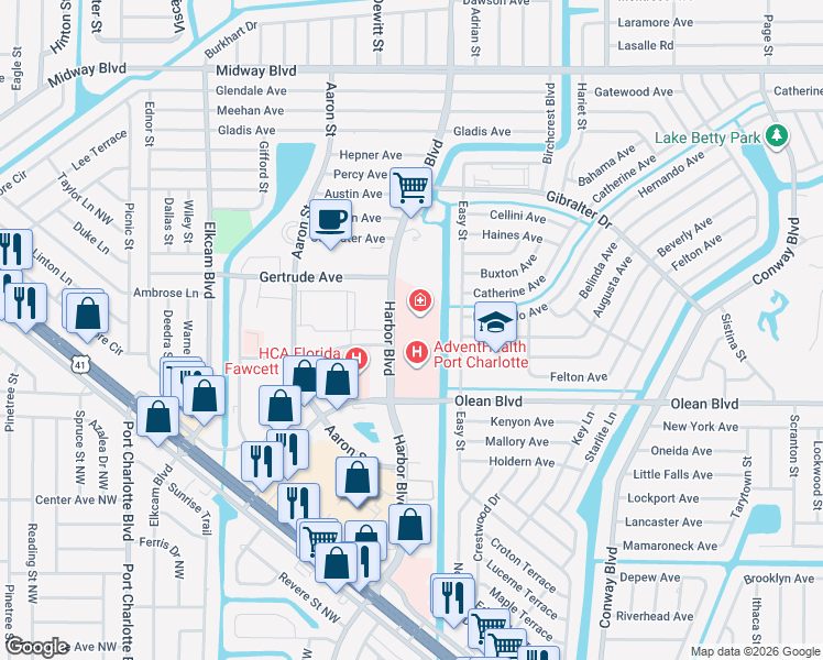 map of restaurants, bars, coffee shops, grocery stores, and more near 2400 Harbor Boulevard in Port Charlotte