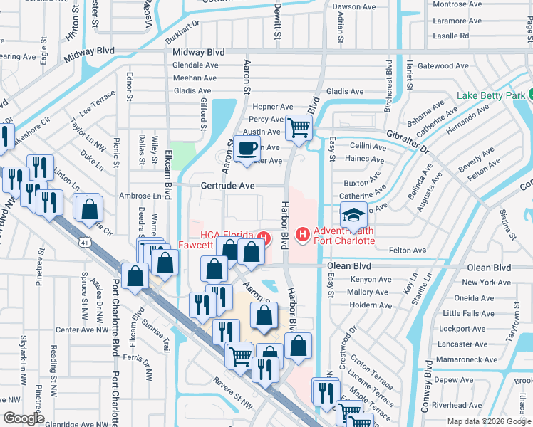 map of restaurants, bars, coffee shops, grocery stores, and more near 21300 Brinson Avenue in Port Charlotte
