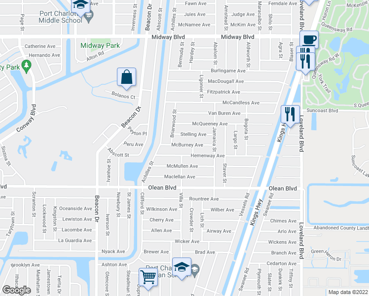 map of restaurants, bars, coffee shops, grocery stores, and more near 23201 McBurney Avenue in Port Charlotte