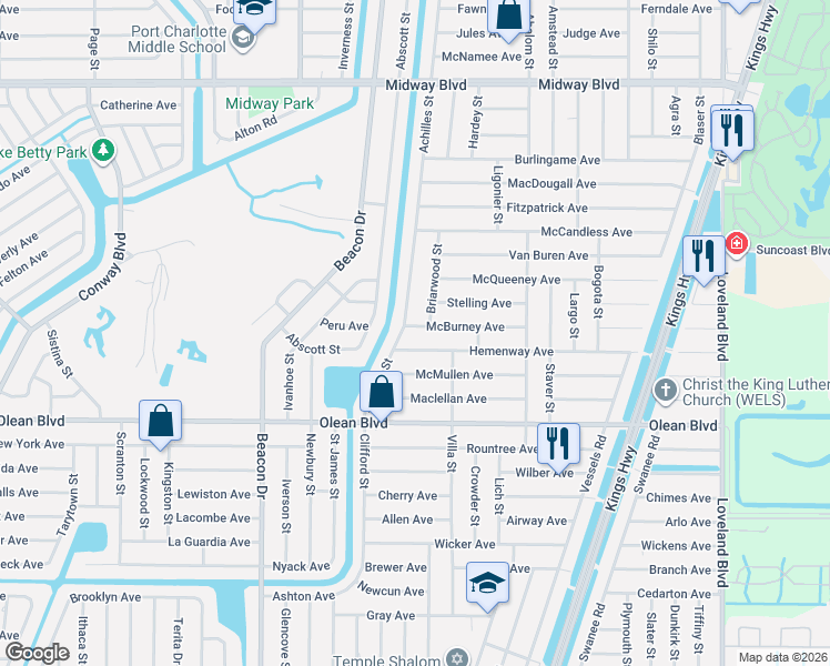 map of restaurants, bars, coffee shops, grocery stores, and more near 23145 McBurney Avenue in Port Charlotte