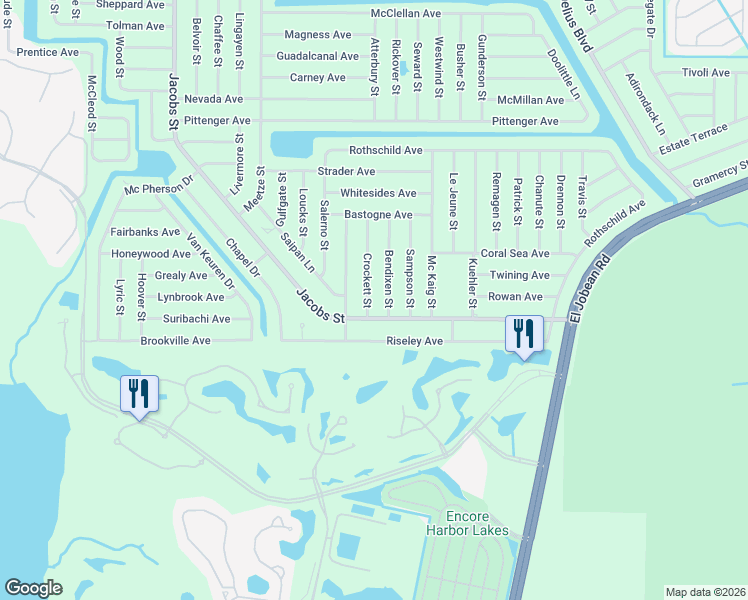 map of restaurants, bars, coffee shops, grocery stores, and more near 2465 Bendixen Street in Port Charlotte