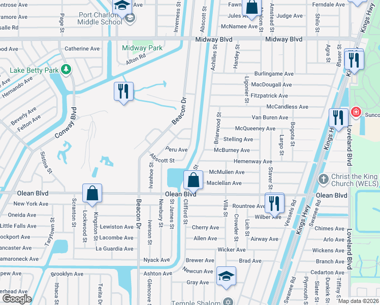 map of restaurants, bars, coffee shops, grocery stores, and more near 2428 Abscott Street in Port Charlotte
