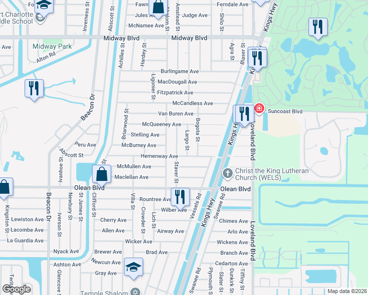map of restaurants, bars, coffee shops, grocery stores, and more near 2433 Largo Street in Punta Gorda
