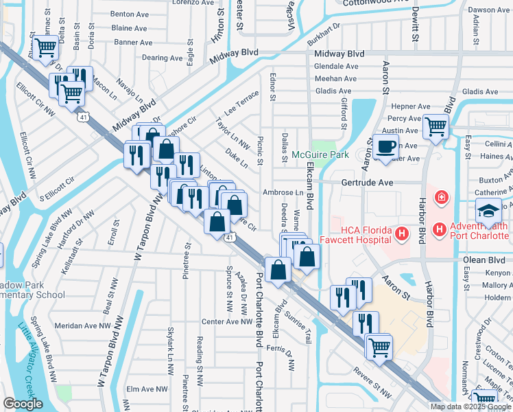 map of restaurants, bars, coffee shops, grocery stores, and more near 2449 Picnic Street in Port Charlotte
