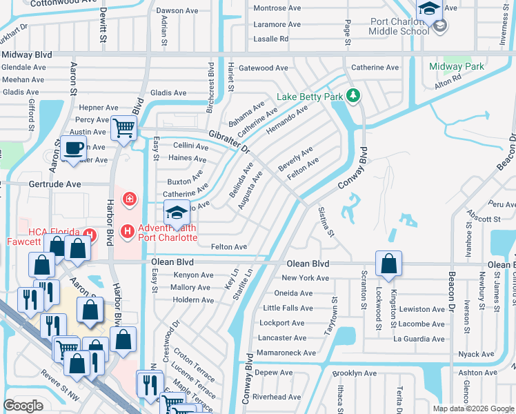 map of restaurants, bars, coffee shops, grocery stores, and more near 22033 Beverly Avenue in Port Charlotte