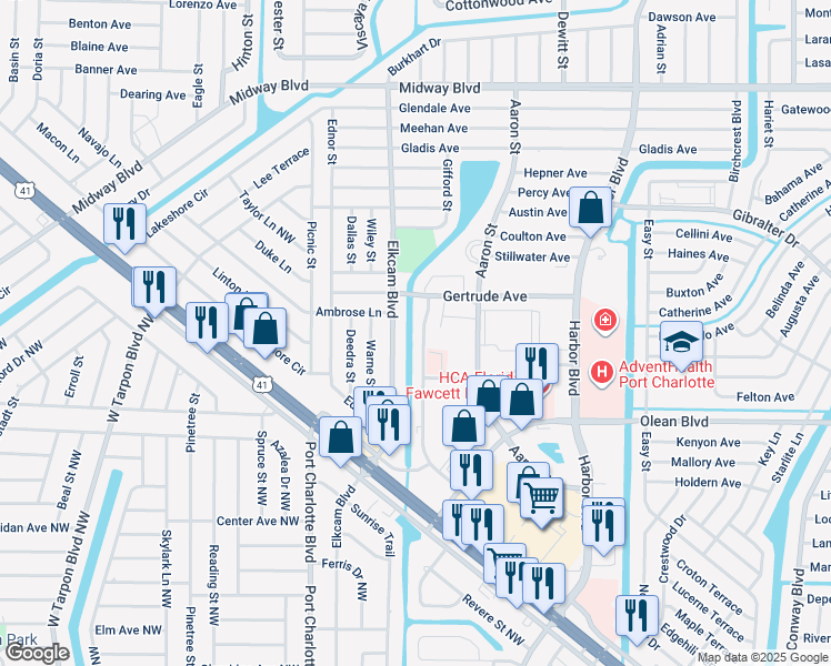 map of restaurants, bars, coffee shops, grocery stores, and more near 2425 Caring Way in Port Charlotte
