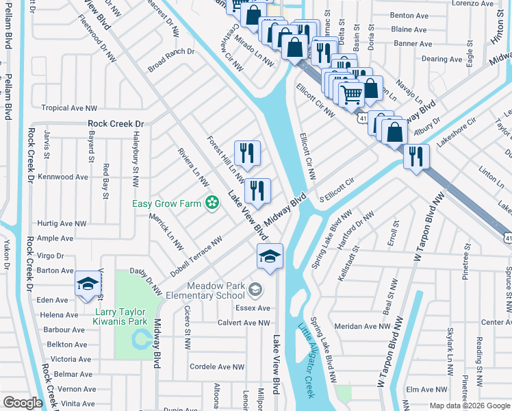 map of restaurants, bars, coffee shops, grocery stores, and more near 706 Forest Hill Lane Northwest in Port Charlotte