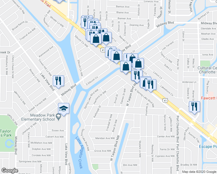 map of restaurants, bars, coffee shops, grocery stores, and more near 724 Hartford Drive Northwest in Port Charlotte