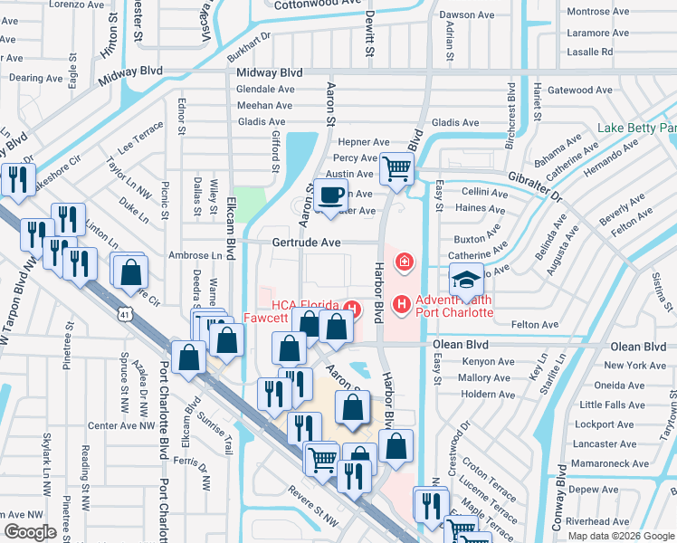 map of restaurants, bars, coffee shops, grocery stores, and more near 21300 Brinson Avenue in Port Charlotte