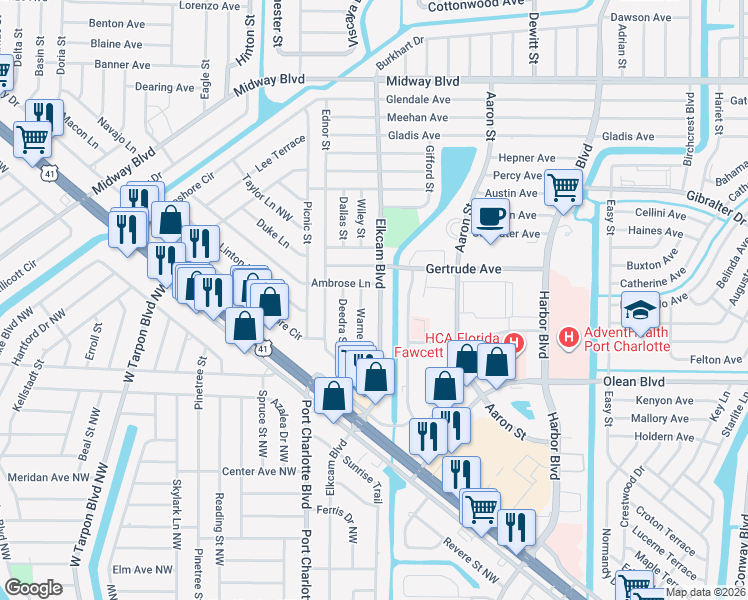map of restaurants, bars, coffee shops, grocery stores, and more near 2441 Elkcam Boulevard in Port Charlotte