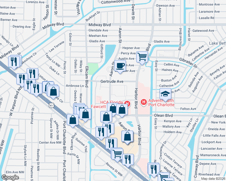 map of restaurants, bars, coffee shops, grocery stores, and more near 2290 Aaron Street in Port Charlotte