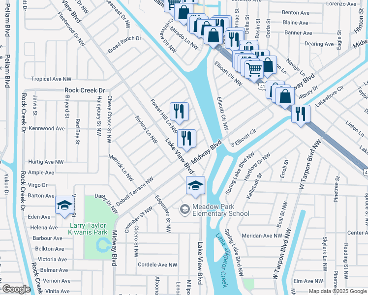 map of restaurants, bars, coffee shops, grocery stores, and more near 706 Forest Hill Lane Northwest in Port Charlotte
