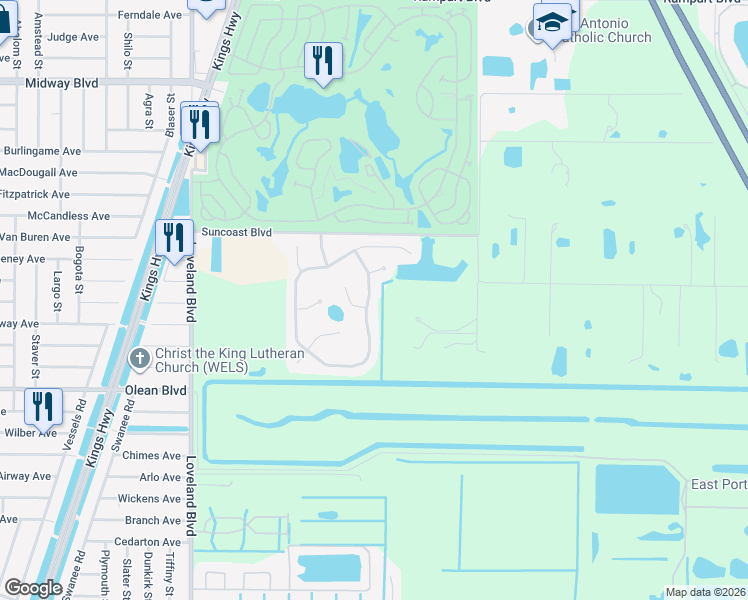 map of restaurants, bars, coffee shops, grocery stores, and more near 2664 Suncoast Lakes Boulevard in Punta Gorda