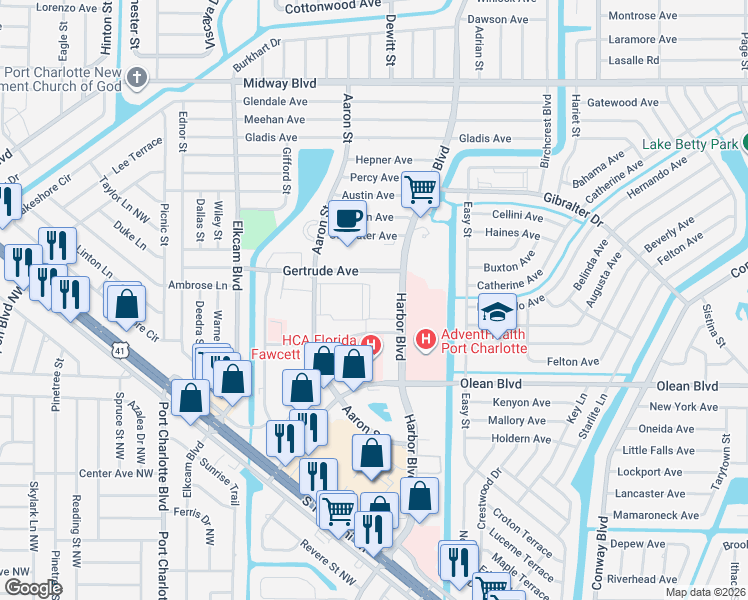 map of restaurants, bars, coffee shops, grocery stores, and more near 21300 Brinson Avenue in Port Charlotte