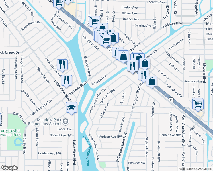 map of restaurants, bars, coffee shops, grocery stores, and more near 742 Spring Lake Boulevard Northwest in Port Charlotte