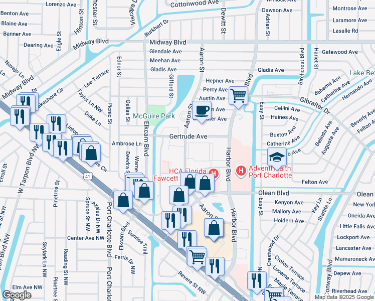 map of restaurants, bars, coffee shops, grocery stores, and more near 2296 Aaron Street in Port Charlotte