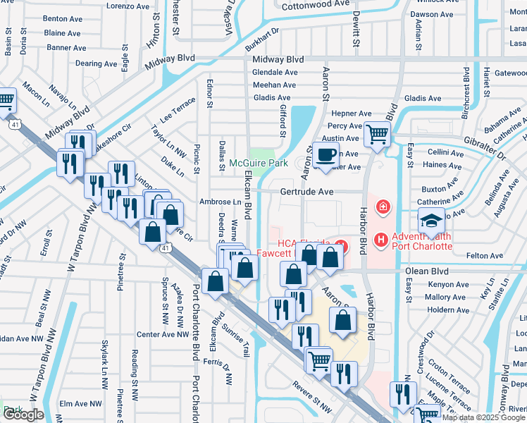 map of restaurants, bars, coffee shops, grocery stores, and more near 2425 Caring Way in Port Charlotte