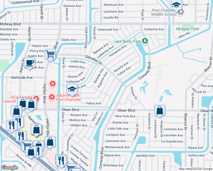 map of restaurants, bars, coffee shops, grocery stores, and more near 22033 Beverly Avenue in Port Charlotte