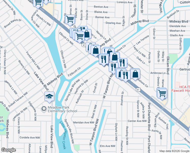 map of restaurants, bars, coffee shops, grocery stores, and more near 743 Hartford Drive Northwest in Port Charlotte