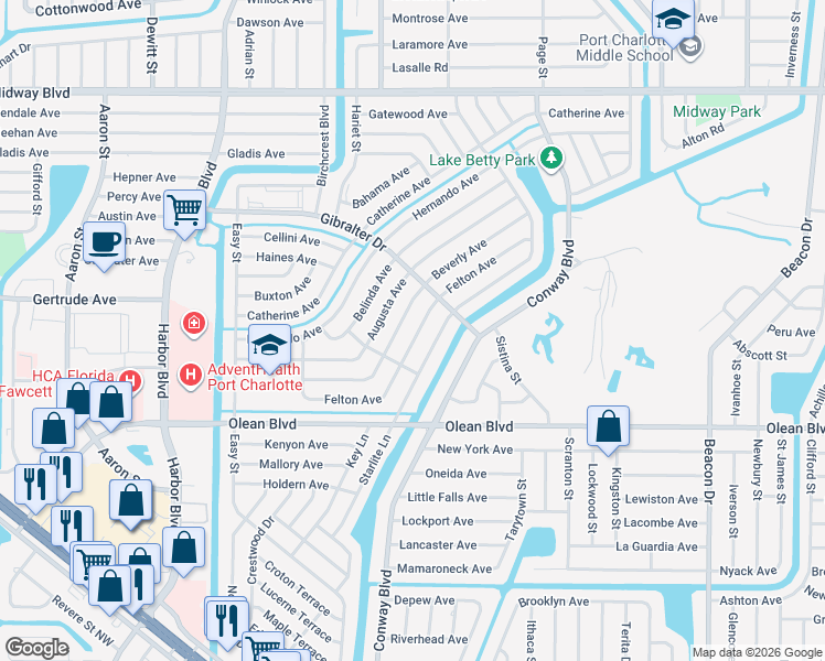 map of restaurants, bars, coffee shops, grocery stores, and more near 22033 Beverly Avenue in Port Charlotte