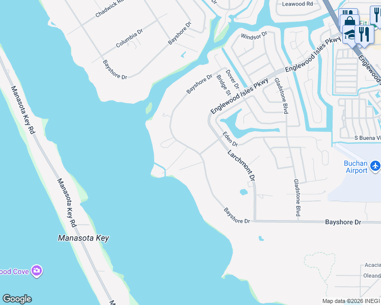 map of restaurants, bars, coffee shops, grocery stores, and more near 1211 Bayshore Drive in Englewood