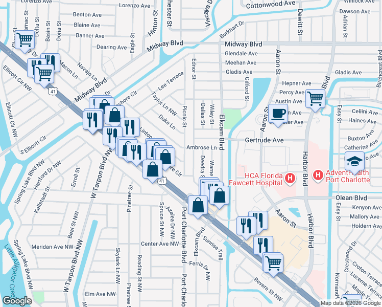 map of restaurants, bars, coffee shops, grocery stores, and more near 2449 Picnic Street in Port Charlotte
