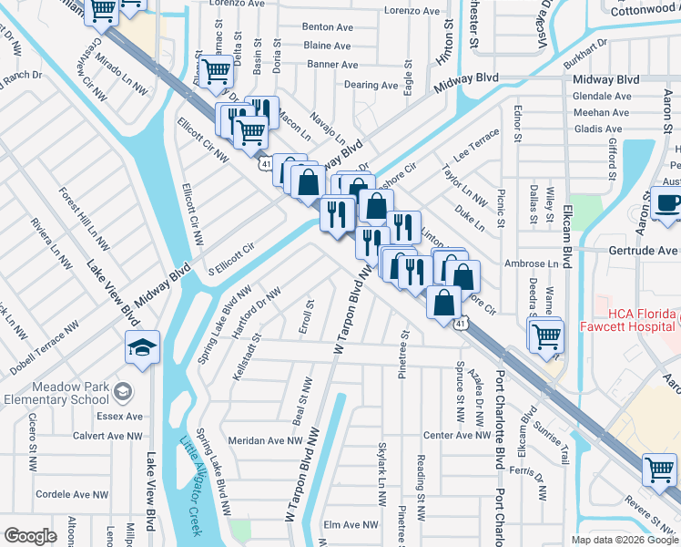 map of restaurants, bars, coffee shops, grocery stores, and more near 797 Kellstadt Street in Port Charlotte