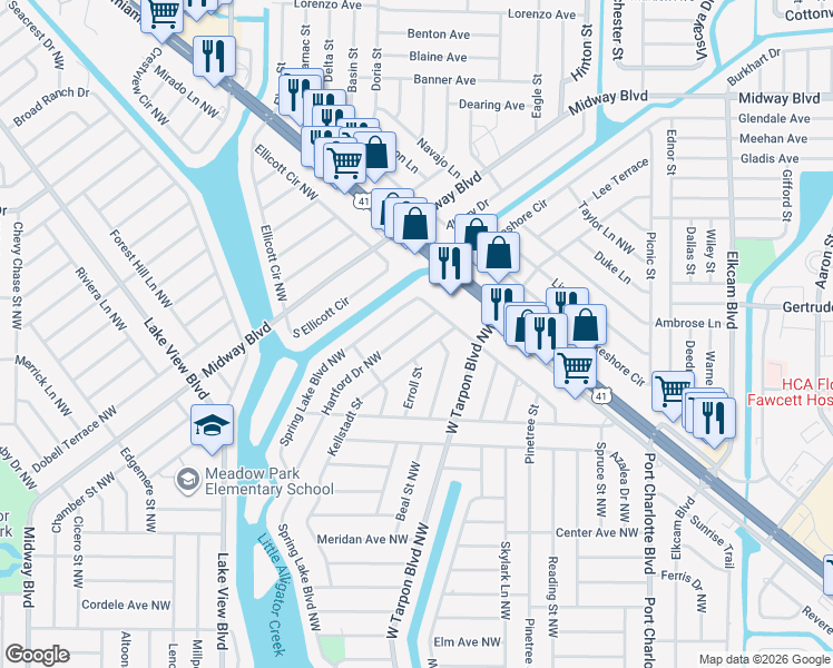 map of restaurants, bars, coffee shops, grocery stores, and more near 743 Hartford Drive Northwest in Port Charlotte