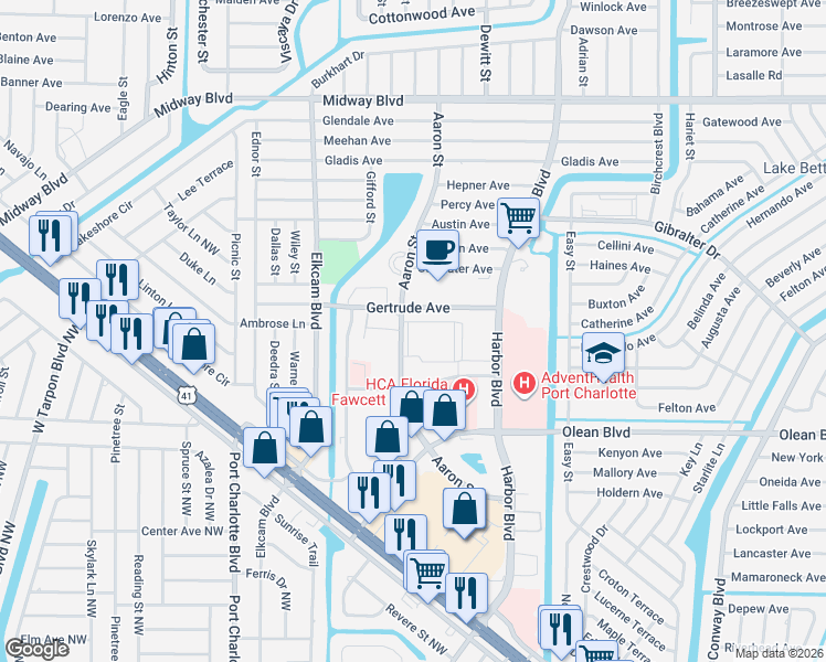 map of restaurants, bars, coffee shops, grocery stores, and more near 2290 Aaron Street in Port Charlotte