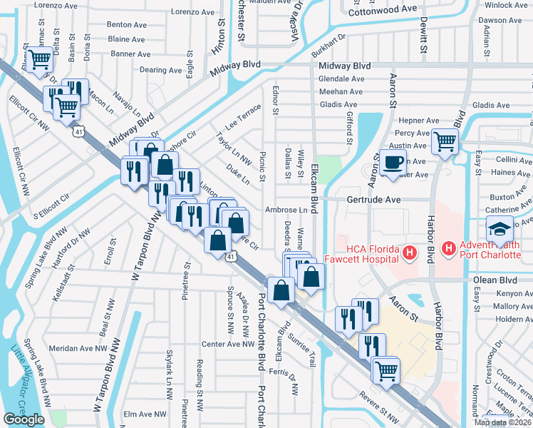 map of restaurants, bars, coffee shops, grocery stores, and more near 2449 Picnic Street in Port Charlotte