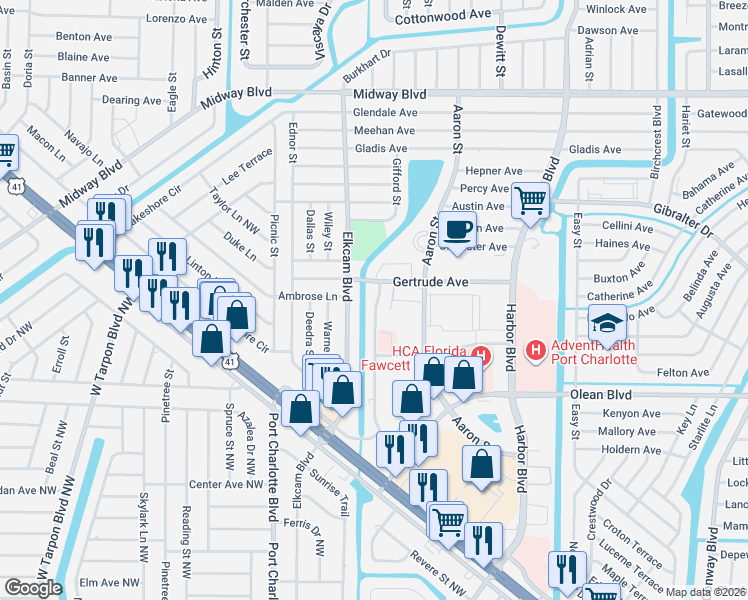 map of restaurants, bars, coffee shops, grocery stores, and more near 2425 Caring Way in Port Charlotte