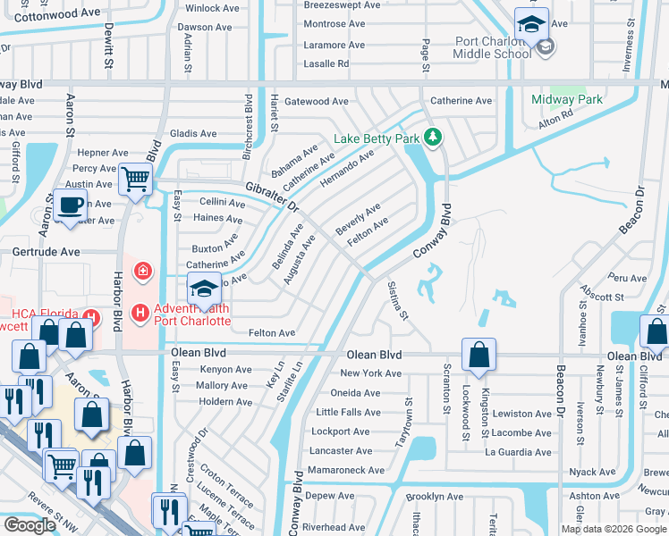 map of restaurants, bars, coffee shops, grocery stores, and more near 22065 Felton Avenue in Port Charlotte