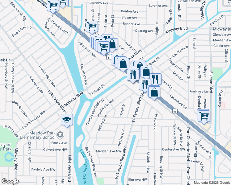 map of restaurants, bars, coffee shops, grocery stores, and more near 724 Hartford Drive Northwest in Port Charlotte