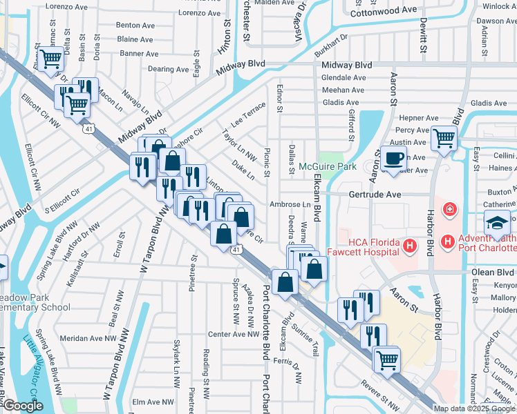 map of restaurants, bars, coffee shops, grocery stores, and more near 2449 Picnic Street in Port Charlotte