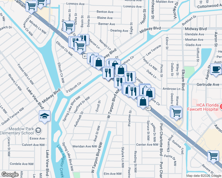 map of restaurants, bars, coffee shops, grocery stores, and more near 797 Kellstadt Street in Port Charlotte