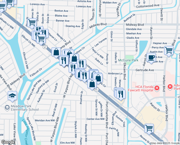 map of restaurants, bars, coffee shops, grocery stores, and more near 2570 Lakeshore Circle in Port Charlotte