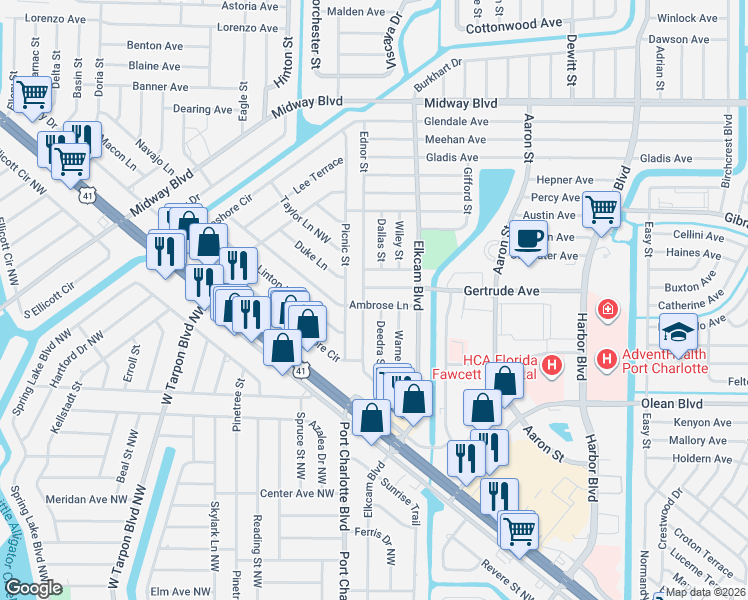 map of restaurants, bars, coffee shops, grocery stores, and more near 21048 Gertrude Avenue in Port Charlotte