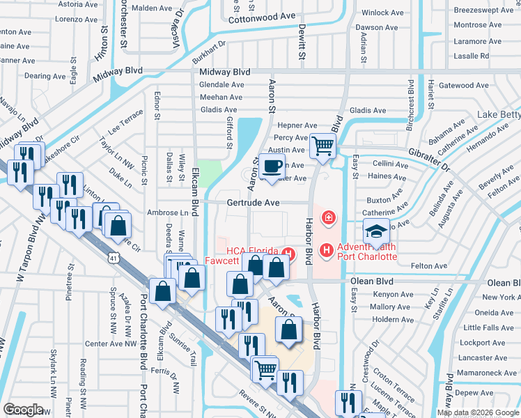 map of restaurants, bars, coffee shops, grocery stores, and more near 2280 Aaron Street in Port Charlotte