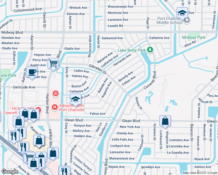 map of restaurants, bars, coffee shops, grocery stores, and more near 21677 Augusta Avenue in Port Charlotte