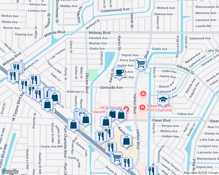 map of restaurants, bars, coffee shops, grocery stores, and more near 21249 Gertrude Avenue in Port Charlotte