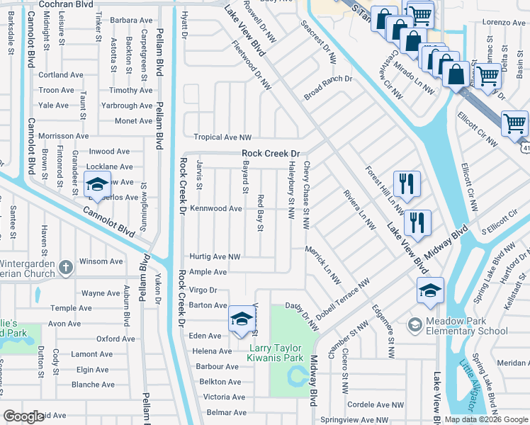 map of restaurants, bars, coffee shops, grocery stores, and more near 1087 Kennwood Terrace Northwest in Port Charlotte