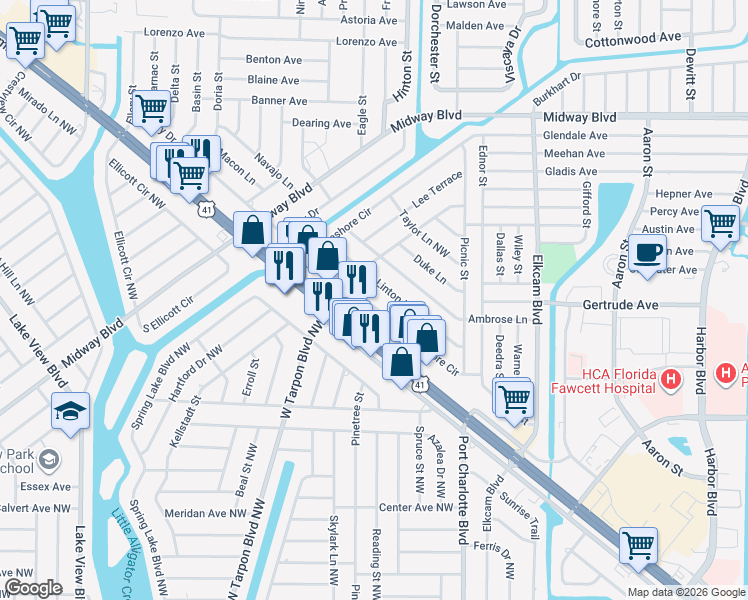 map of restaurants, bars, coffee shops, grocery stores, and more near 2538 Lakeshore Circle in Port Charlotte