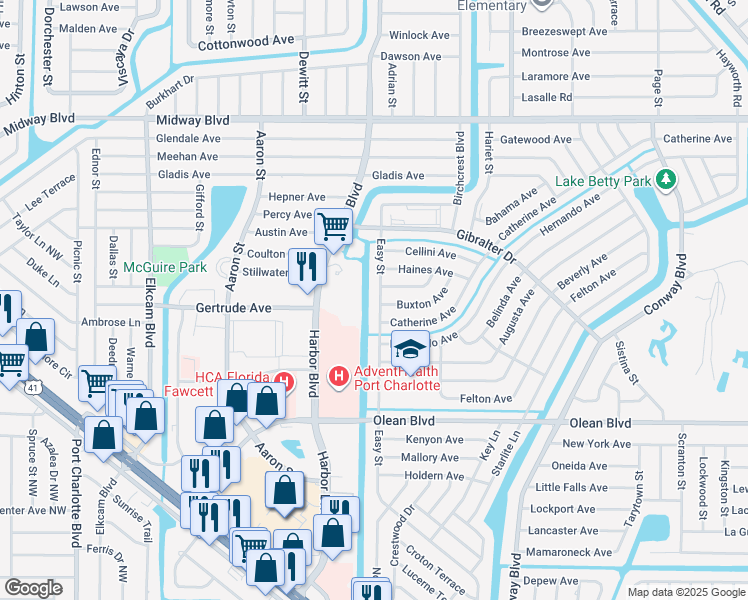 map of restaurants, bars, coffee shops, grocery stores, and more near 2375 Easy Street in Port Charlotte