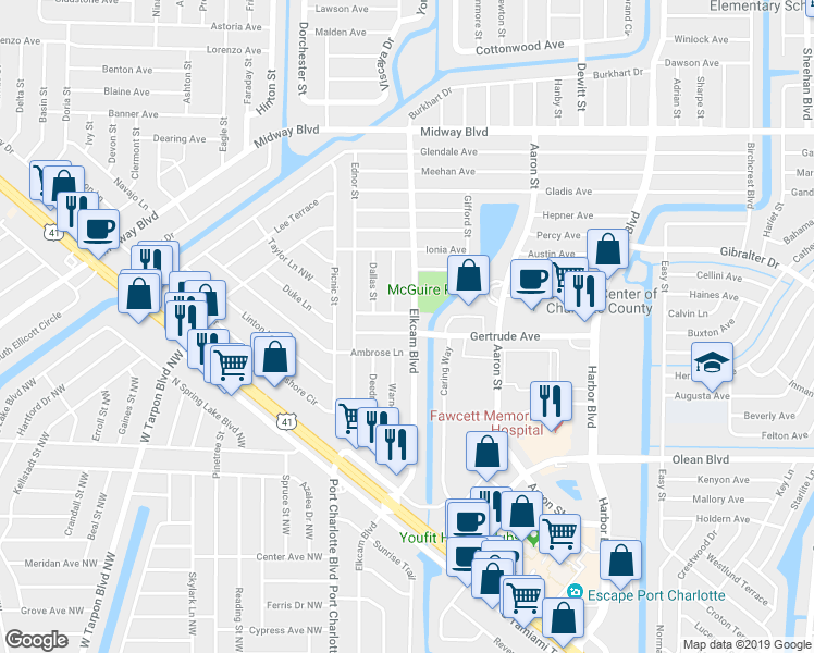 map of restaurants, bars, coffee shops, grocery stores, and more near 21094 Gertrude Avenue in Port Charlotte